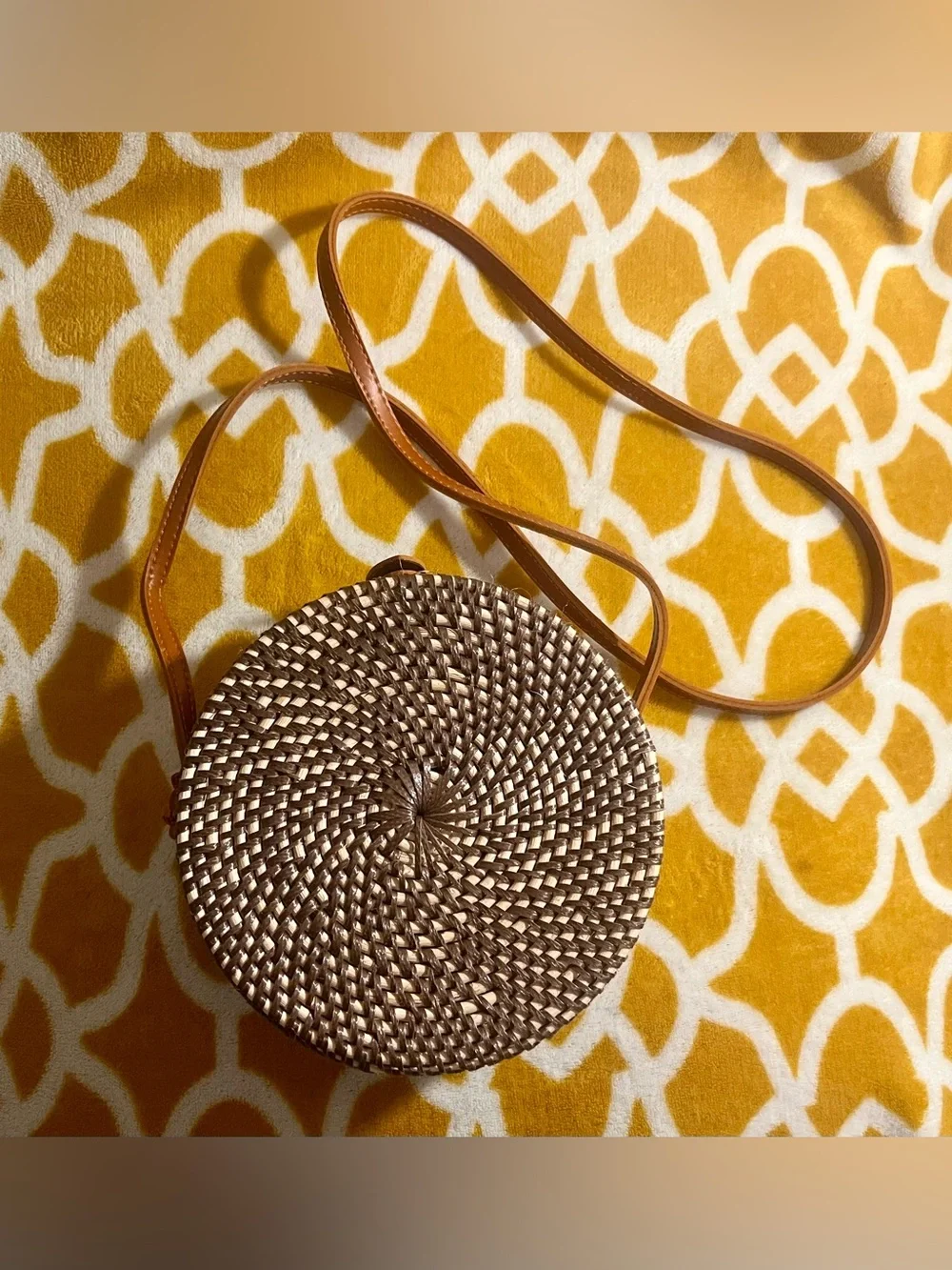 Round Woven Crossbody Bag Brown/Beige Leather Detachable Strap, Lined Snap